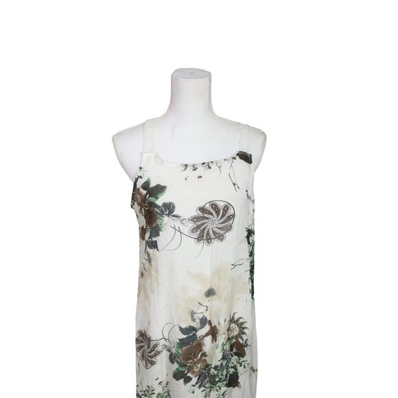 Izuria Linen Midi Dress Floral‎ size XL White Green Tan Midi Lined Sleeveless - Picture 2 of 9